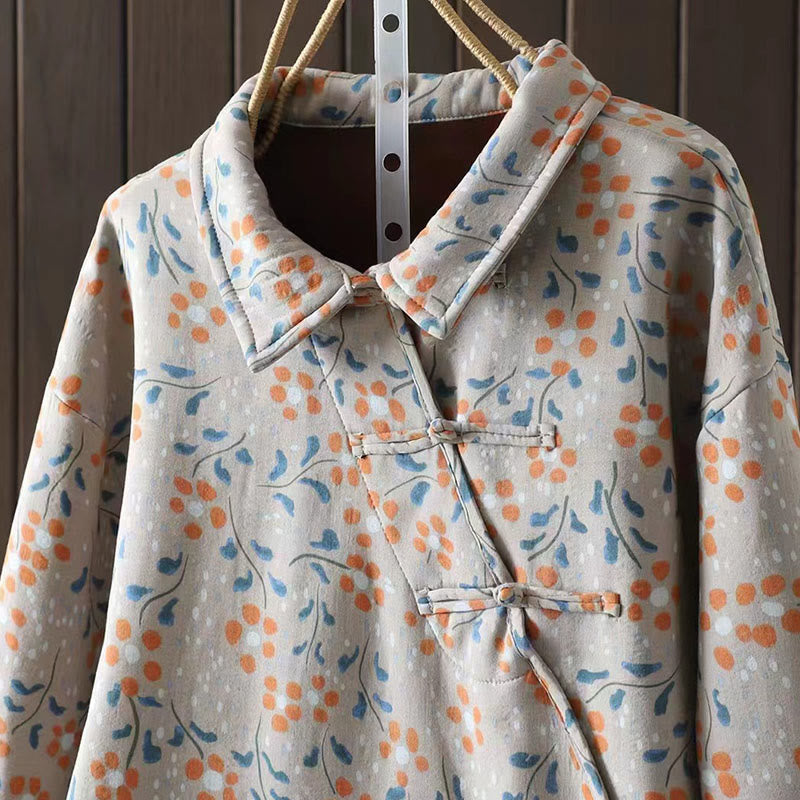 Camisa de algodón para mujer, manga larga, cuello alto, botones de rana, flores de invierno y hojas verdes de Buddha Stones - image 14