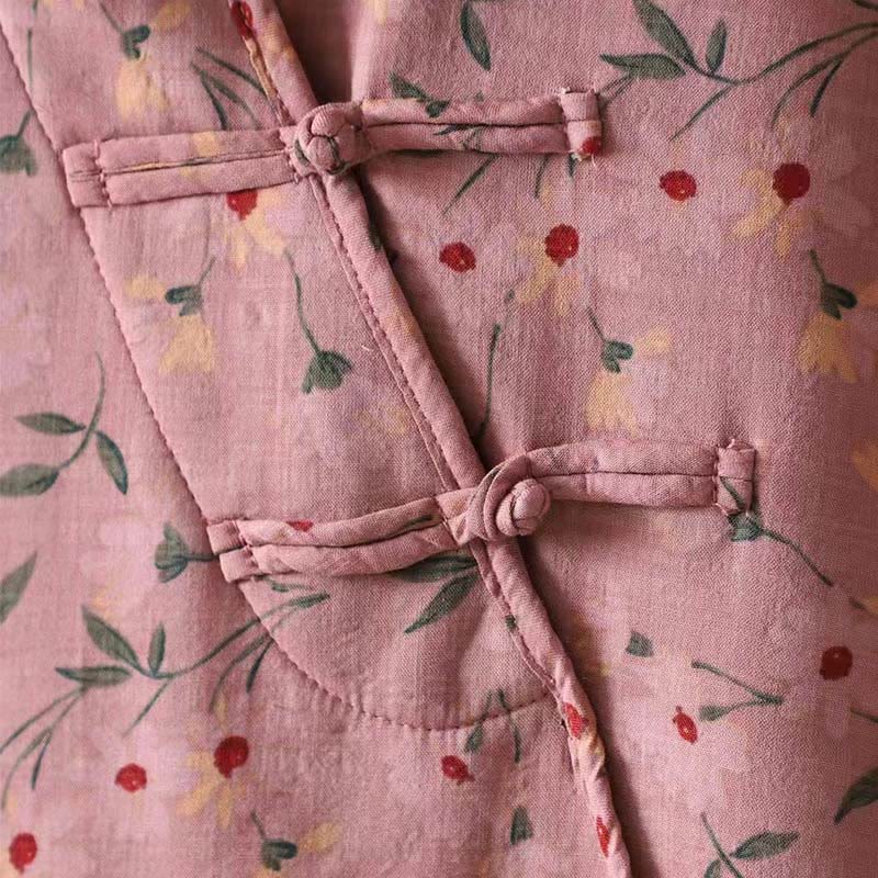 Camisa de algodón para mujer, manga larga, cuello alto, botones de rana, flores de invierno y hojas verdes de Buddha Stones - image 7