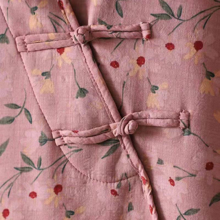 Camisa de algodón para mujer, manga larga, cuello alto, botones de rana, flores de invierno y hojas verdes de Buddha Stones - image 7