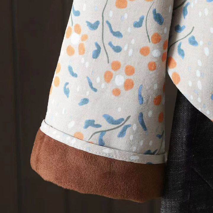 Camisa de algodón para mujer, manga larga, cuello alto, botones de rana, flores de invierno y hojas verdes de Buddha Stones - image 18