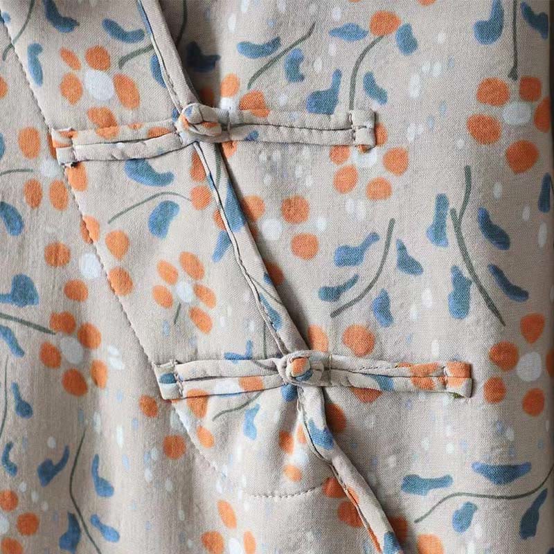 Camisa de algodón para mujer, manga larga, cuello alto, botones de rana, flores de invierno y hojas verdes de Buddha Stones - image 17