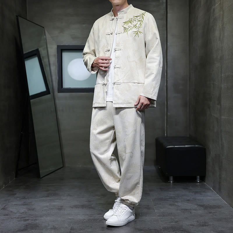 Conjunto de 2 piezas de traje Tang para hombre con diseño de Buddha Stones, dragón de primavera, nubes de bambú, chaqueta de manga larga de algodón con botones de rana y pantalones con bolsillos. - Lino - US/UK/AU46, EU56 (5XL) - image 0