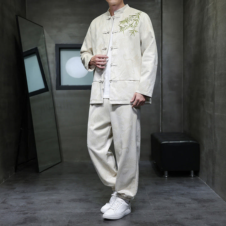 Conjunto de 2 piezas de traje Tang para hombre con diseño de Buddha Stones, dragón de primavera, nubes de bambú, chaqueta de manga larga de algodón con botones de rana y pantalones con bolsillos. - Lino - US/UK/AU46, EU56 (5XL) - image 0