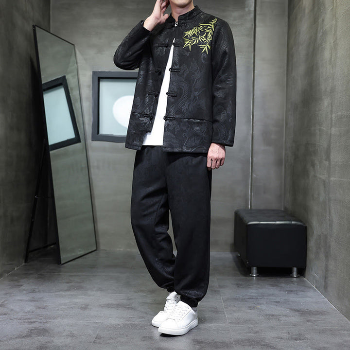 Conjunto de 2 piezas de traje Tang para hombre con diseño de Buddha Stones, dragón de primavera, nubes de bambú, chaqueta de manga larga de algodón con botones de rana y pantalones con bolsillos. - Negro - US/UK/AU46, EU56 (5XL) - image 21