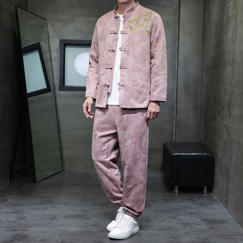 Conjunto de 2 piezas de traje Tang para hombre con diseño de Buddha Stones, dragón de primavera, nubes de bambú, chaqueta de manga larga de algodón con botones de rana y pantalones con bolsillos. - MistyRose - US/UK/AU46, EU56 (5XL) - image 30