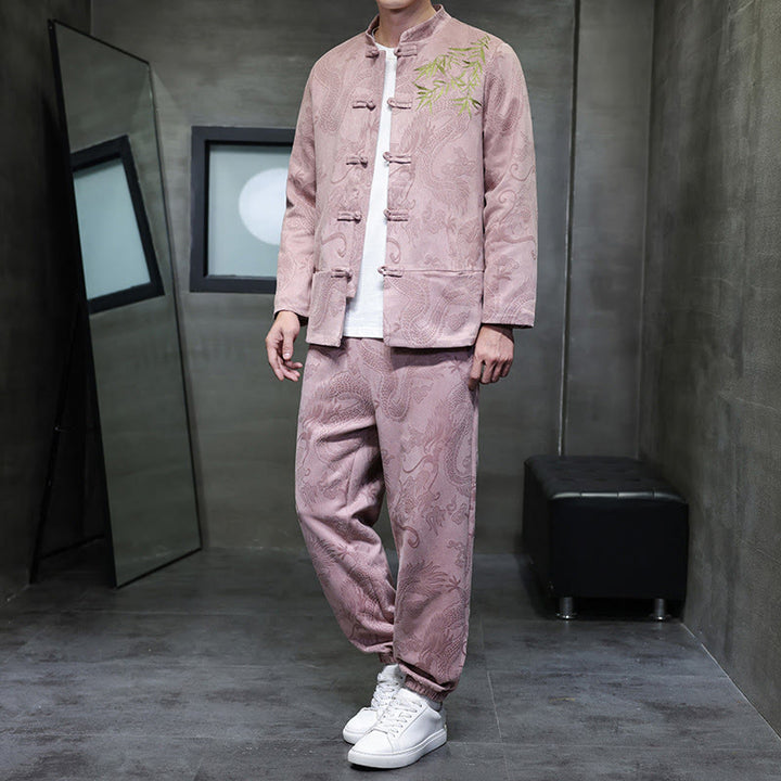 Conjunto de 2 piezas de traje Tang para hombre con diseño de Buddha Stones, dragón de primavera, nubes de bambú, chaqueta de manga larga de algodón con botones de rana y pantalones con bolsillos. - MistyRose - US/UK/AU46, EU56 (5XL) - image 30