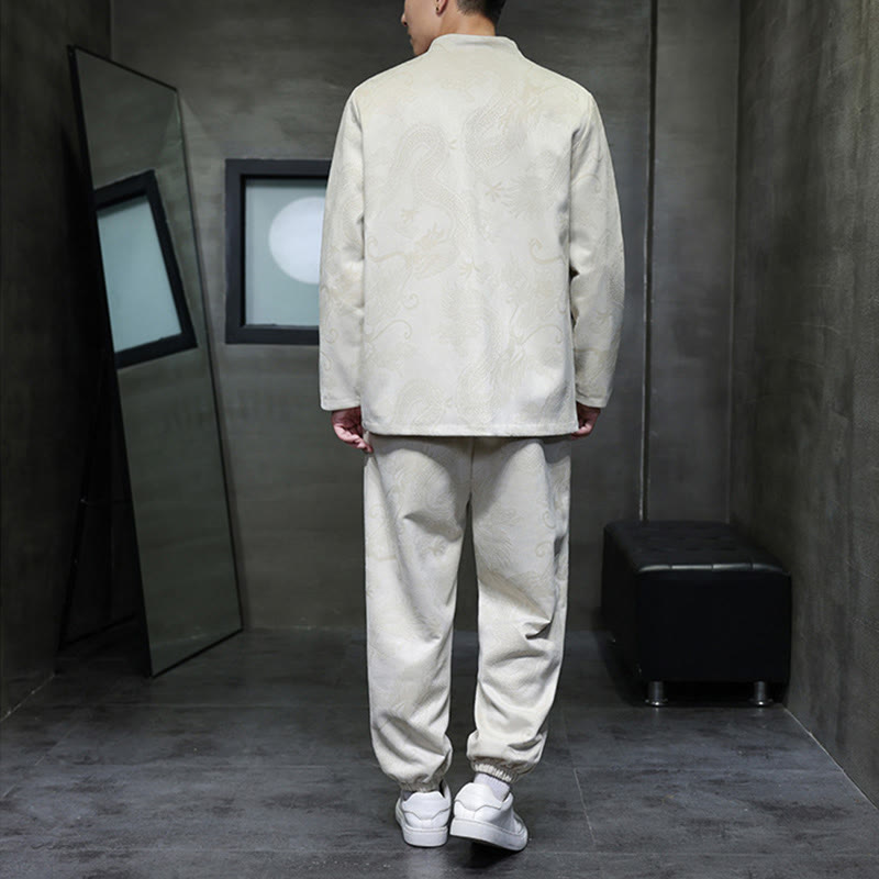 Conjunto de 2 piezas de traje Tang para hombre con diseño de Buddha Stones, dragón de primavera, nubes de bambú, chaqueta de manga larga de algodón con botones de rana y pantalones con bolsillos. - image 3
