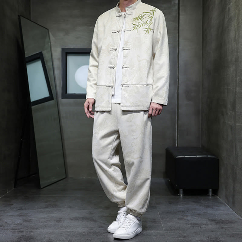 Conjunto de 2 piezas de traje Tang para hombre con diseño de Buddha Stones, dragón de primavera, nubes de bambú, chaqueta de manga larga de algodón con botones de rana y pantalones con bolsillos. - image 5