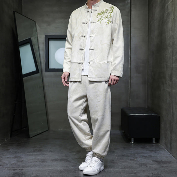 Conjunto de 2 piezas de traje Tang para hombre con diseño de Buddha Stones, dragón de primavera, nubes de bambú, chaqueta de manga larga de algodón con botones de rana y pantalones con bolsillos. - image 5