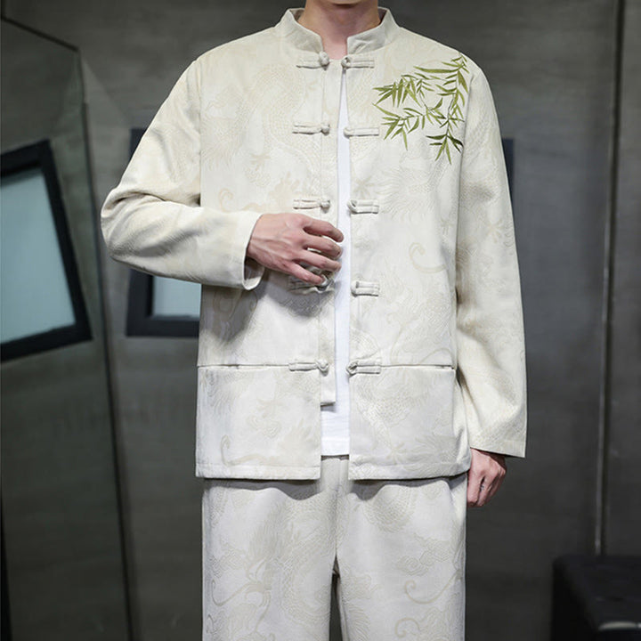 Conjunto de 2 piezas de traje Tang para hombre con diseño de Buddha Stones, dragón de primavera, nubes de bambú, chaqueta de manga larga de algodón con botones de rana y pantalones con bolsillos. - image 7