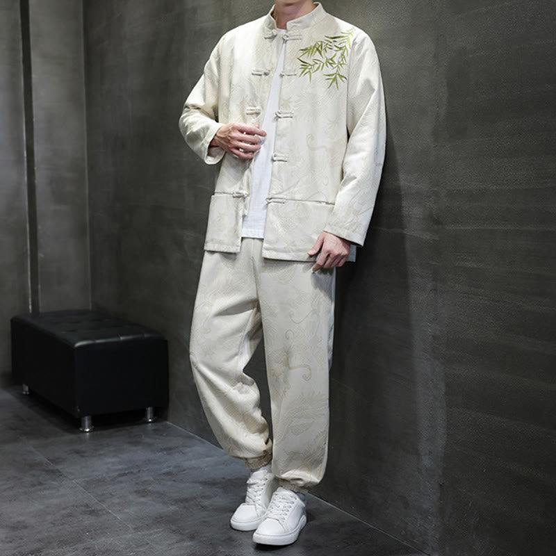 Conjunto de 2 piezas de traje Tang para hombre con diseño de Buddha Stones, dragón de primavera, nubes de bambú, chaqueta de manga larga de algodón con botones de rana y pantalones con bolsillos. - image 2