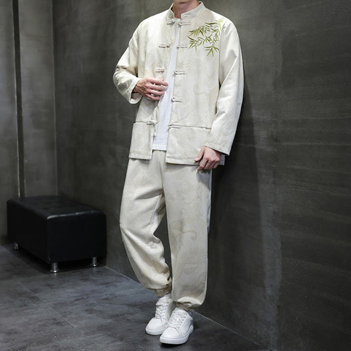 Conjunto de 2 piezas de traje Tang para hombre con diseño de Buddha Stones, dragón de primavera, nubes de bambú, chaqueta de manga larga de algodón con botones de rana y pantalones con bolsillos. - image 2