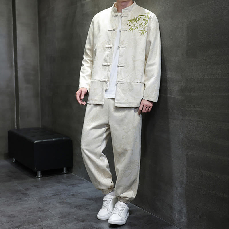 Conjunto de 2 piezas de traje Tang para hombre con diseño de Buddha Stones, dragón de primavera, nubes de bambú, chaqueta de manga larga de algodón con botones de rana y pantalones con bolsillos. - image 1