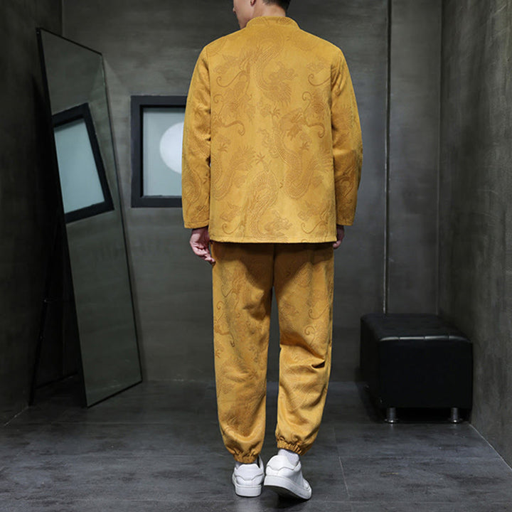 Conjunto de 2 piezas de traje Tang para hombre con diseño de Buddha Stones, dragón de primavera, nubes de bambú, chaqueta de manga larga de algodón con botones de rana y pantalones con bolsillos. - image 11