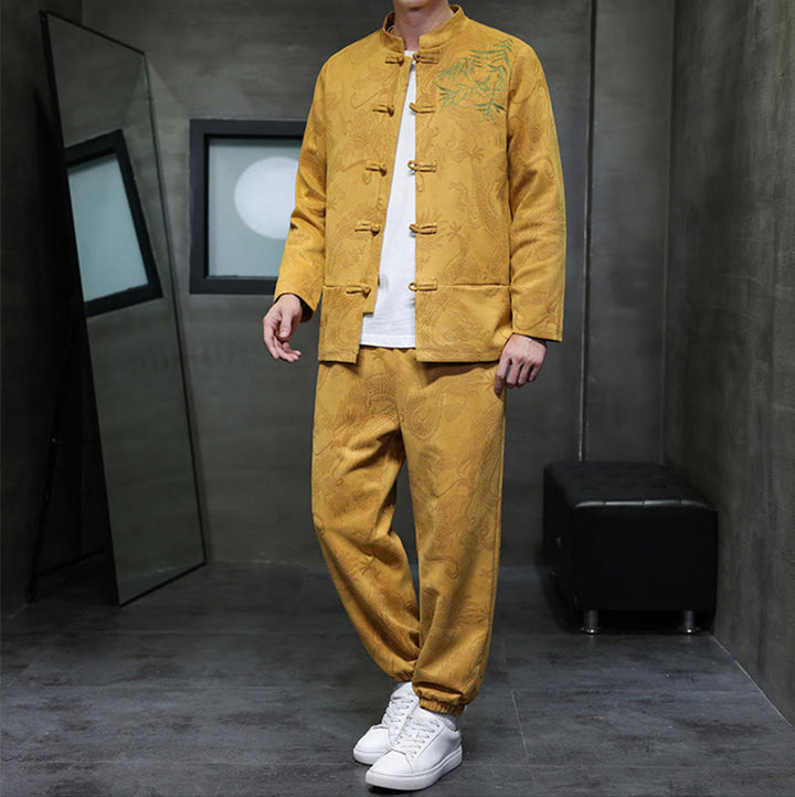 Conjunto de 2 piezas de traje Tang para hombre con diseño de Buddha Stones, dragón de primavera, nubes de bambú, chaqueta de manga larga de algodón con botones de rana y pantalones con bolsillos. - image 9