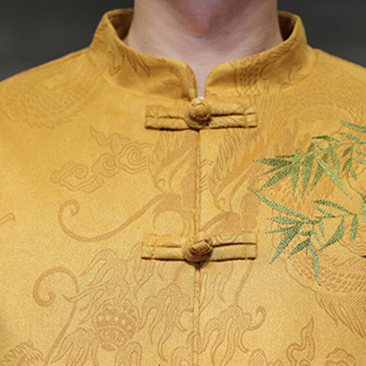 Conjunto de 2 piezas de traje Tang para hombre con diseño de Buddha Stones, dragón de primavera, nubes de bambú, chaqueta de manga larga de algodón con botones de rana y pantalones con bolsillos. - image 18