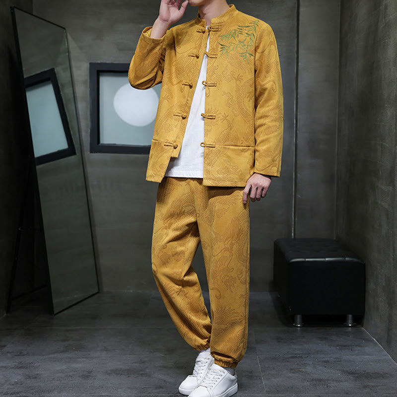 Conjunto de 2 piezas de traje Tang para hombre con diseño de Buddha Stones, dragón de primavera, nubes de bambú, chaqueta de manga larga de algodón con botones de rana y pantalones con bolsillos. - image 14