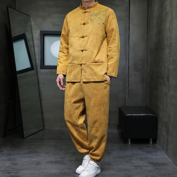 Conjunto de 2 piezas de traje Tang para hombre con diseño de Buddha Stones, dragón de primavera, nubes de bambú, chaqueta de manga larga de algodón con botones de rana y pantalones con bolsillos. - image 10