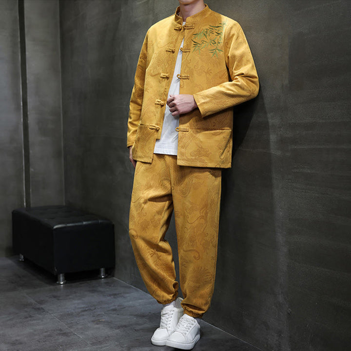 Conjunto de 2 piezas de traje Tang para hombre con diseño de Buddha Stones, dragón de primavera, nubes de bambú, chaqueta de manga larga de algodón con botones de rana y pantalones con bolsillos. - image 12