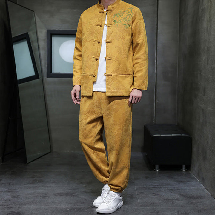 Conjunto de 2 piezas de traje Tang para hombre con diseño de Buddha Stones, dragón de primavera, nubes de bambú, chaqueta de manga larga de algodón con botones de rana y pantalones con bolsillos. - image 15