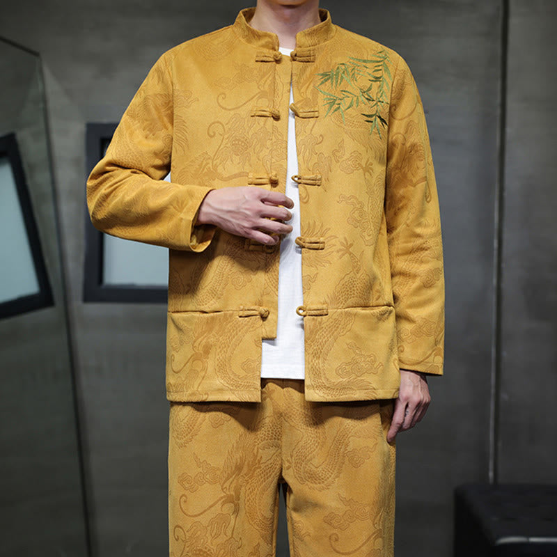 Conjunto de 2 piezas de traje Tang para hombre con diseño de Buddha Stones, dragón de primavera, nubes de bambú, chaqueta de manga larga de algodón con botones de rana y pantalones con bolsillos. - image 17