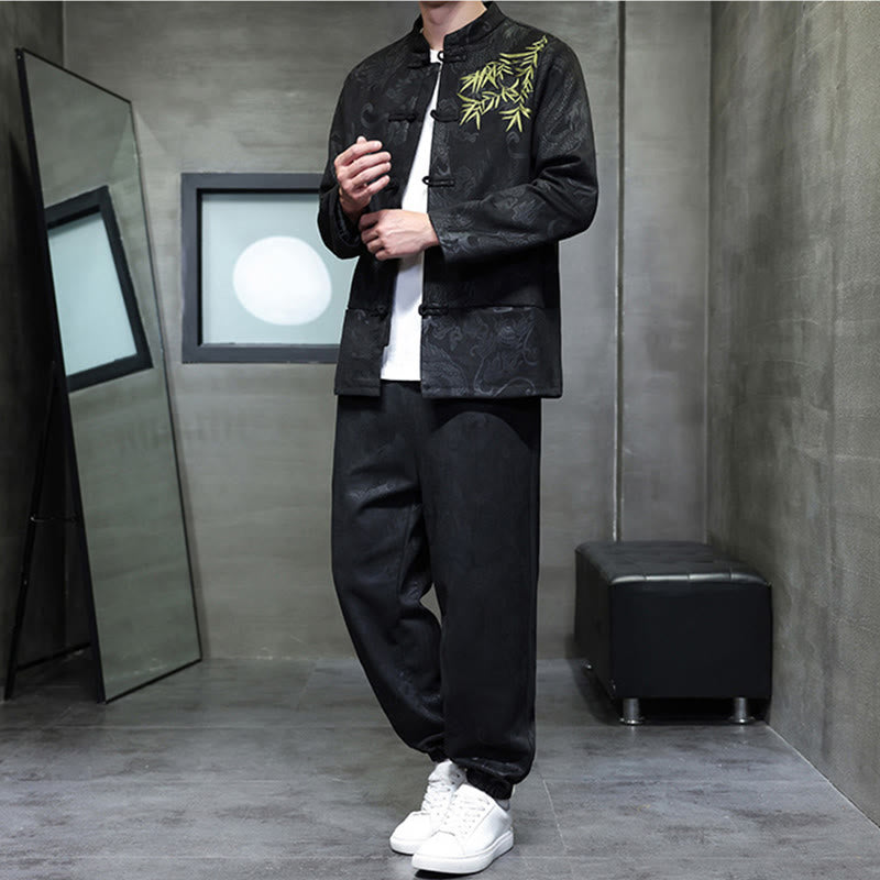 Conjunto de 2 piezas de traje Tang para hombre con diseño de Buddha Stones, dragón de primavera, nubes de bambú, chaqueta de manga larga de algodón con botones de rana y pantalones con bolsillos. - image 27