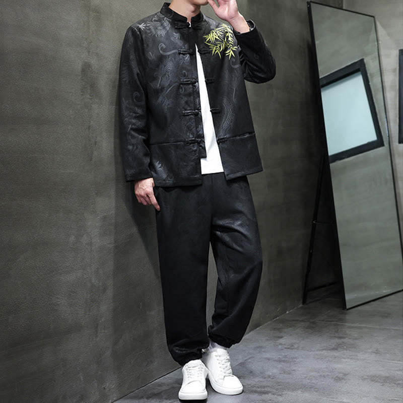 Conjunto de 2 piezas de traje Tang para hombre con diseño de Buddha Stones, dragón de primavera, nubes de bambú, chaqueta de manga larga de algodón con botones de rana y pantalones con bolsillos. - image 22