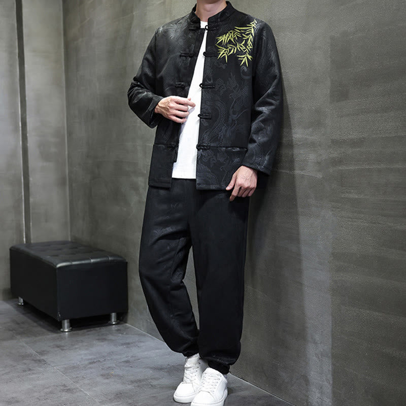 Conjunto de 2 piezas de traje Tang para hombre con diseño de Buddha Stones, dragón de primavera, nubes de bambú, chaqueta de manga larga de algodón con botones de rana y pantalones con bolsillos. - image 25