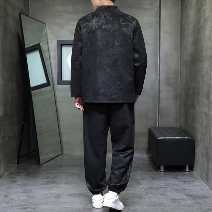 Conjunto de 2 piezas de traje Tang para hombre con diseño de Buddha Stones, dragón de primavera, nubes de bambú, chaqueta de manga larga de algodón con botones de rana y pantalones con bolsillos. - image 24