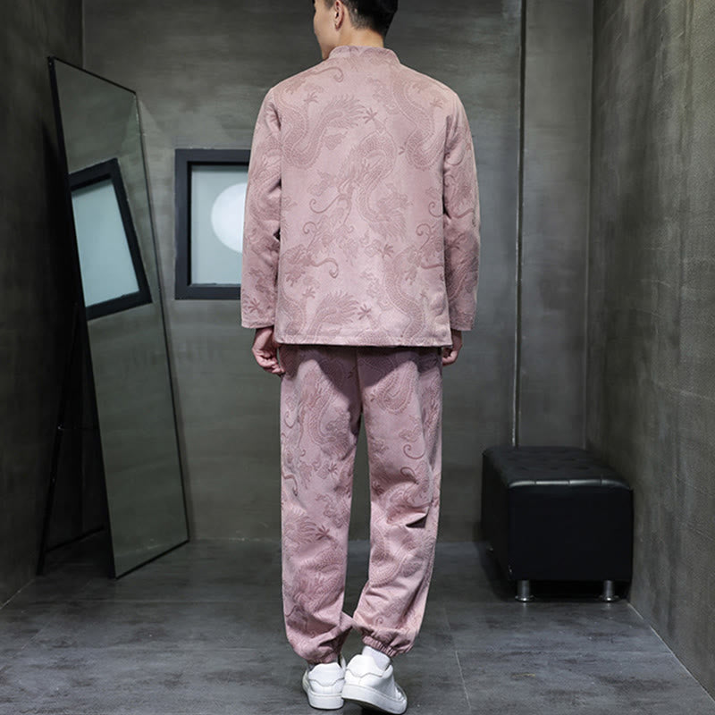 Conjunto de 2 piezas de traje Tang para hombre con diseño de Buddha Stones, dragón de primavera, nubes de bambú, chaqueta de manga larga de algodón con botones de rana y pantalones con bolsillos. - image 33