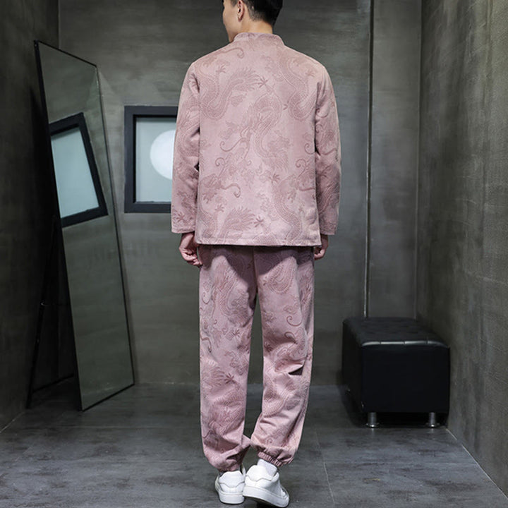 Conjunto de 2 piezas de traje Tang para hombre con diseño de Buddha Stones, dragón de primavera, nubes de bambú, chaqueta de manga larga de algodón con botones de rana y pantalones con bolsillos. - image 33