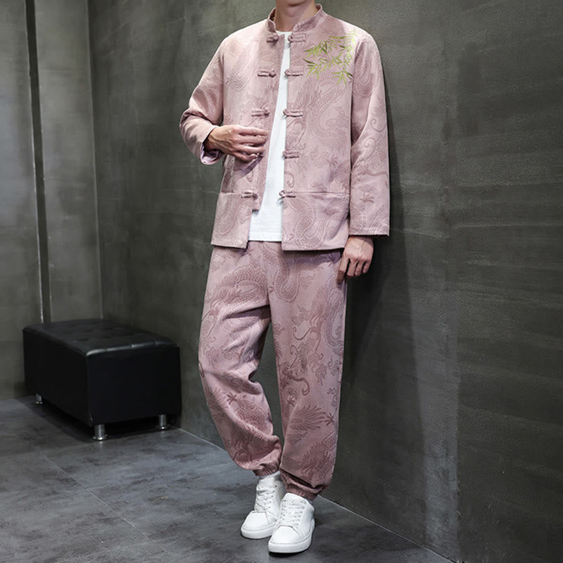 Conjunto de 2 piezas de traje Tang para hombre con diseño de Buddha Stones, dragón de primavera, nubes de bambú, chaqueta de manga larga de algodón con botones de rana y pantalones con bolsillos. - image 35