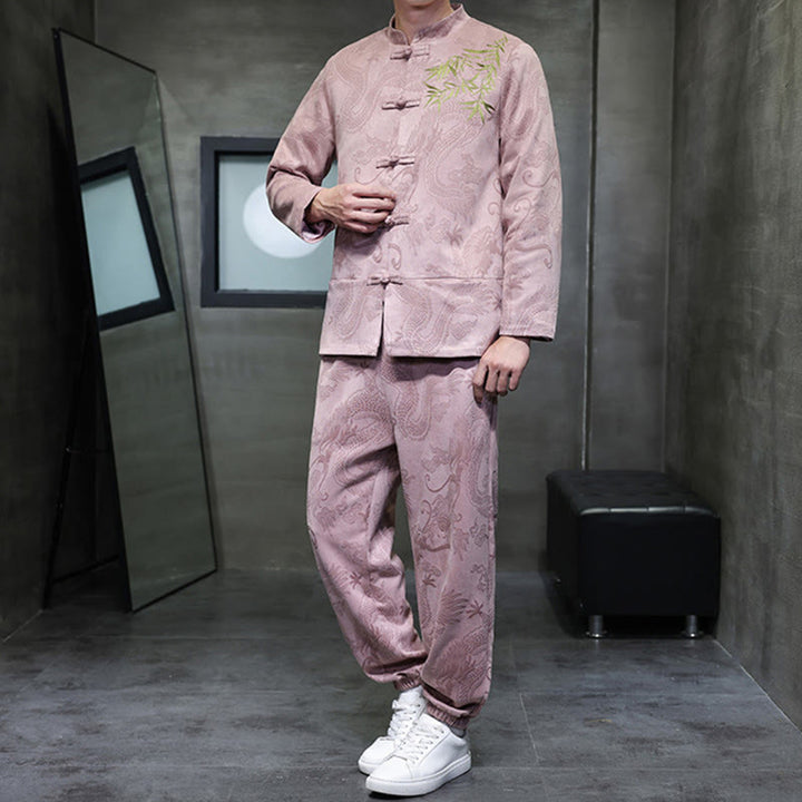 Conjunto de 2 piezas de traje Tang para hombre con diseño de Buddha Stones, dragón de primavera, nubes de bambú, chaqueta de manga larga de algodón con botones de rana y pantalones con bolsillos. - image 37