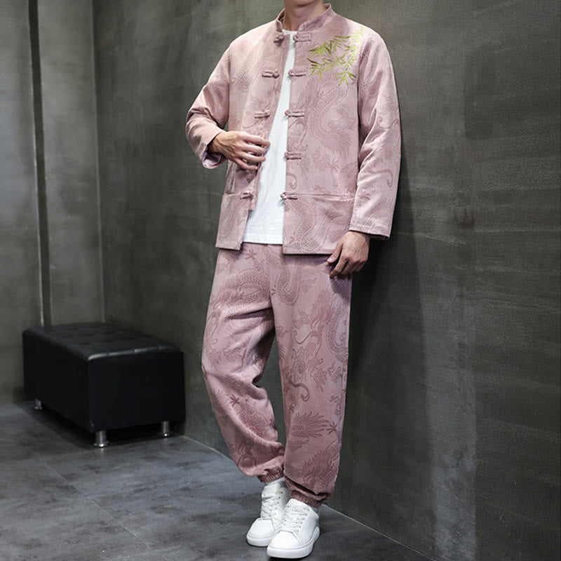 Conjunto de 2 piezas de traje Tang para hombre con diseño de Buddha Stones, dragón de primavera, nubes de bambú, chaqueta de manga larga de algodón con botones de rana y pantalones con bolsillos. - image 32