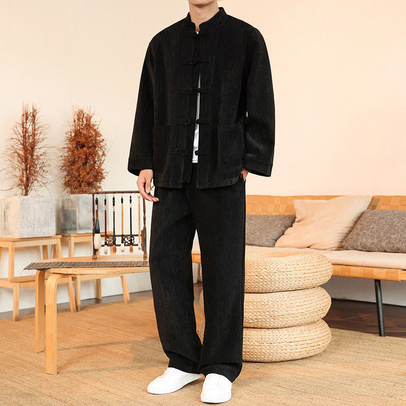 Conjunto de 2 Buddha Stones de traje Tang de invierno grueso para hombre, de pana de algodón con botones de rana, chaqueta y pantalones de manga larga con bolsillos. - Negro - US/UK/AU46, EU56 (5XL) - image 22