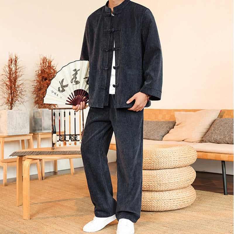 Conjunto de 2 Buddha Stones de traje Tang de invierno grueso para hombre, de pana de algodón con botones de rana, chaqueta y pantalones de manga larga con bolsillos. - image 5