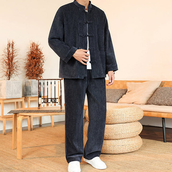 Conjunto de 2 Buddha Stones de traje Tang de invierno grueso para hombre, de pana de algodón con botones de rana, chaqueta y pantalones de manga larga con bolsillos. - image 2