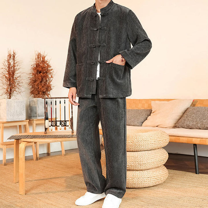 Conjunto de 2 Buddha Stones de traje Tang de invierno grueso para hombre, de pana de algodón con botones de rana, chaqueta y pantalones de manga larga con bolsillos. - image 9