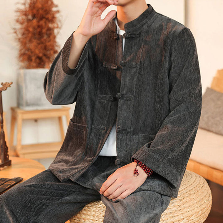 Conjunto de 2 Buddha Stones de traje Tang de invierno grueso para hombre, de pana de algodón con botones de rana, chaqueta y pantalones de manga larga con bolsillos. - image 16