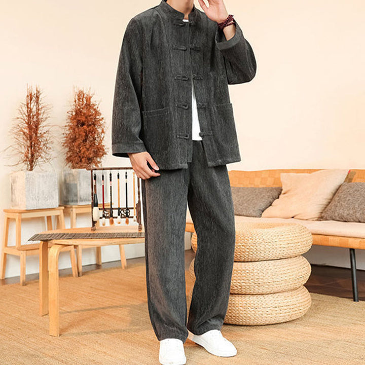 Conjunto de 2 Buddha Stones de traje Tang de invierno grueso para hombre, de pana de algodón con botones de rana, chaqueta y pantalones de manga larga con bolsillos. - image 15