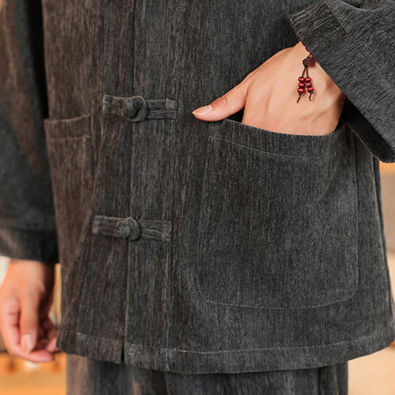 Conjunto de 2 Buddha Stones de traje Tang de invierno grueso para hombre, de pana de algodón con botones de rana, chaqueta y pantalones de manga larga con bolsillos. - image 18