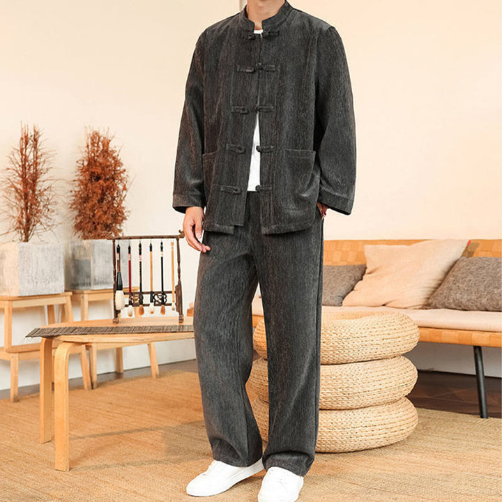 Conjunto de 2 Buddha Stones de traje Tang de invierno grueso para hombre, de pana de algodón con botones de rana, chaqueta y pantalones de manga larga con bolsillos. - image 14