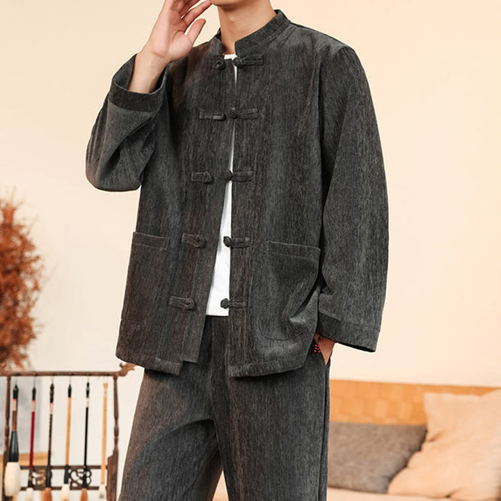 Conjunto de 2 Buddha Stones de traje Tang de invierno grueso para hombre, de pana de algodón con botones de rana, chaqueta y pantalones de manga larga con bolsillos. - image 17