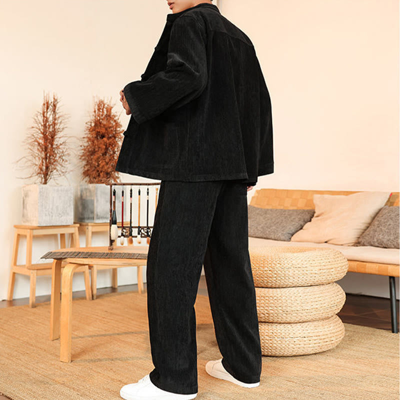 Conjunto de 2 Buddha Stones de traje Tang de invierno grueso para hombre, de pana de algodón con botones de rana, chaqueta y pantalones de manga larga con bolsillos. - image 25