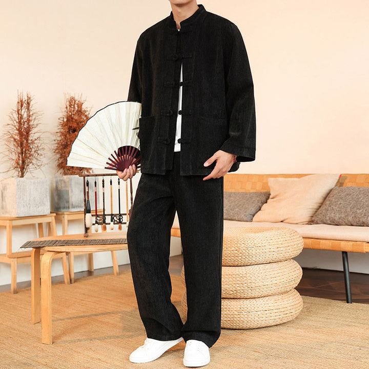 Conjunto de 2 Buddha Stones de traje Tang de invierno grueso para hombre, de pana de algodón con botones de rana, chaqueta y pantalones de manga larga con bolsillos. - image 24