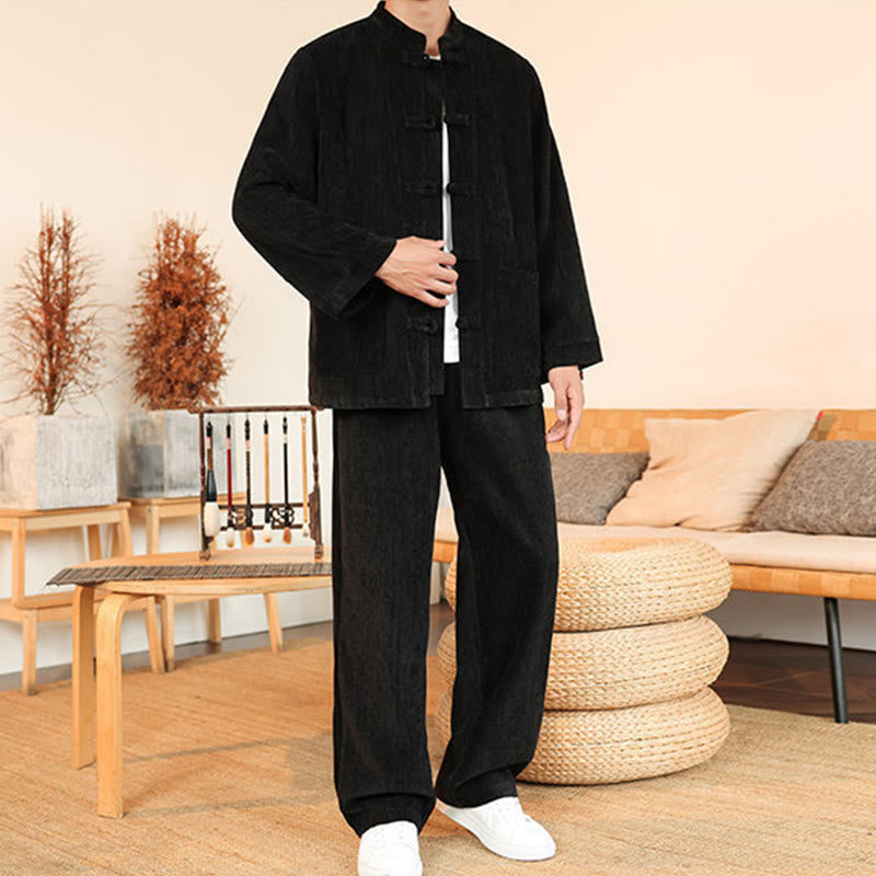 Conjunto de 2 Buddha Stones de traje Tang de invierno grueso para hombre, de pana de algodón con botones de rana, chaqueta y pantalones de manga larga con bolsillos. - image 26