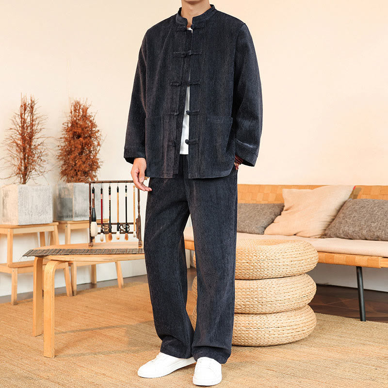 Conjunto de 2 Buddha Stones de traje Tang de invierno grueso para hombre, de pana de algodón con botones de rana, chaqueta y pantalones de manga larga con bolsillos. - image 4