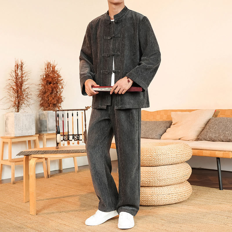 Conjunto de 2 Buddha Stones de traje Tang de invierno grueso para hombre, de pana de algodón con botones de rana, chaqueta y pantalones de manga larga con bolsillos. - image 10