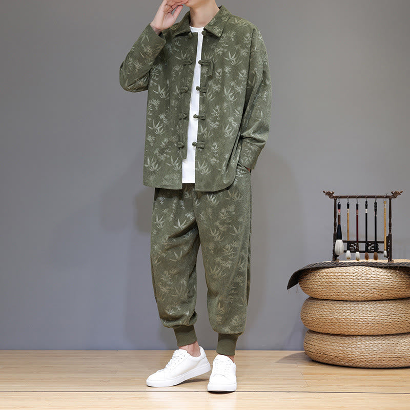 Conjunto de 2 Buddha Stones de traje Tang de bambú grueso de invierno para hombre, de pana de algodón con botones de rana, chaqueta de manga larga y pantalones con bolsillos. - Verde mar oscuro - US/UK/AU46, EU56 (5XL) - image 0