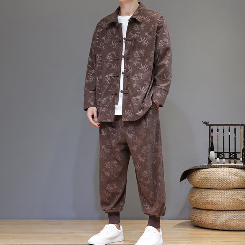 Conjunto de 2 Buddha Stones de traje Tang de bambú grueso de invierno para hombre, de pana de algodón con botones de rana, chaqueta de manga larga y pantalones con bolsillos. - image 36